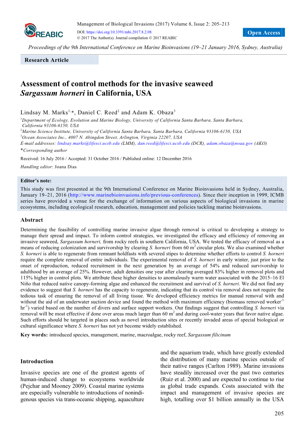 Assessment of Control Methods for the Invasive Seaweed Sargassum Horneri in California, USA
