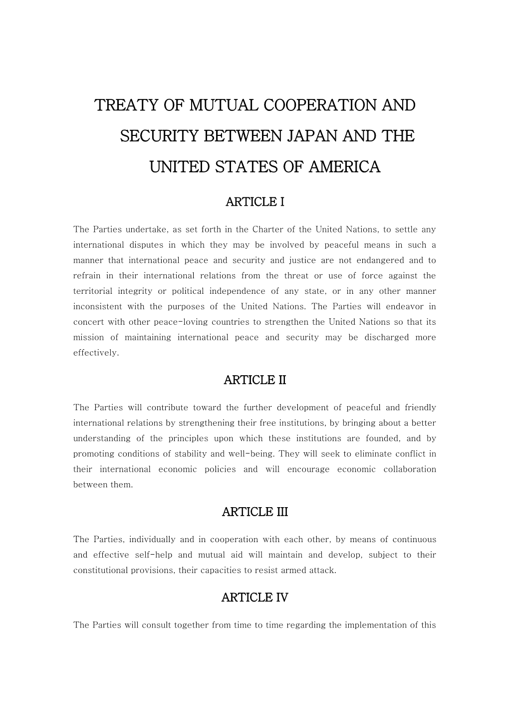 Treaty of Mutual Cooperation and Security Between Japan and the United States of America