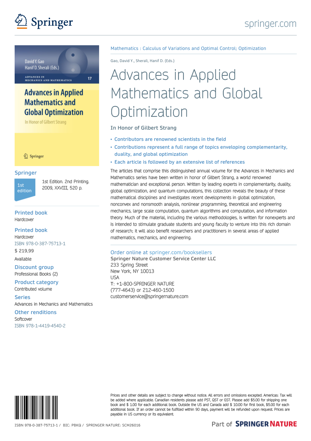 Advances in Applied Mathematics and Global Optimization in Honor of Gilbert Strang