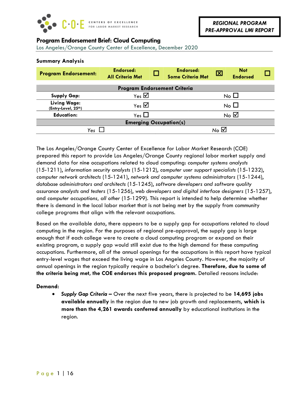 Program Endorsement Brief: Cloud Computing Los Angeles/Orange County Center of Excellence, December 2020