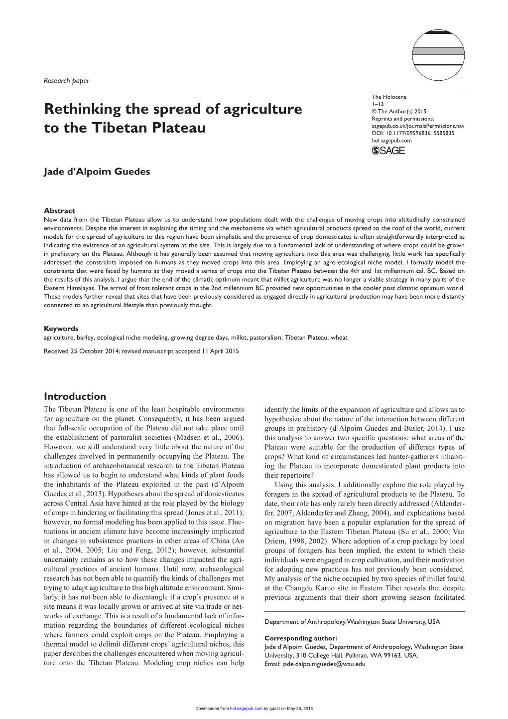 Rethinking the Spread of Agriculture to the Tibetan Plateau
