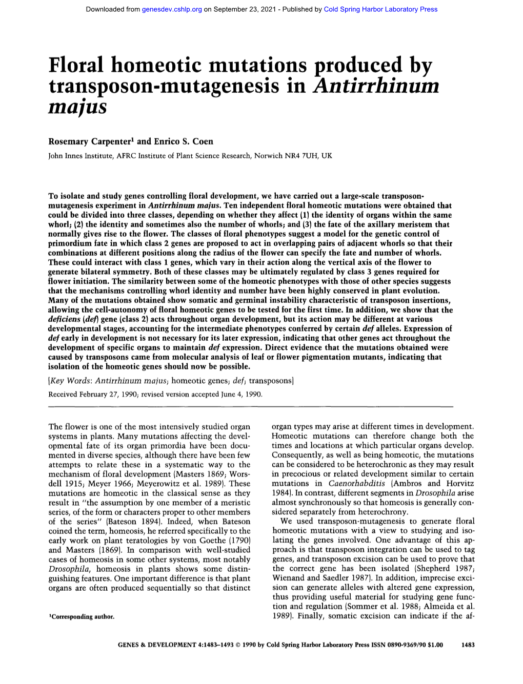 Floral Homeotic Mutations Produced by Transposon-Mutagenesis in Antirrhinum Majus