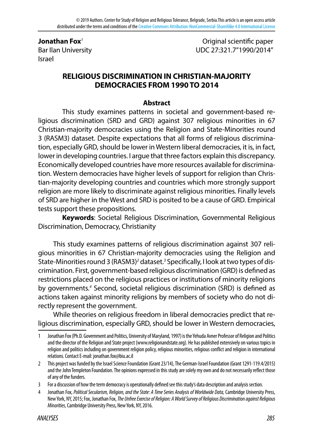 Religious Discrimination in Christian-Majority Democracies from 1990 to 2014