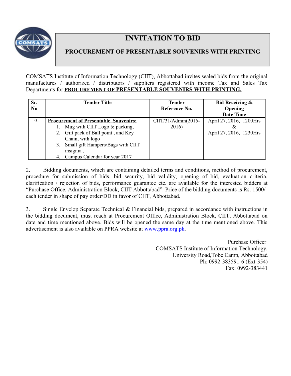 INVITATION to BID PROCUREMENT of PRESENTABLE SOUVENIRS with PRINTING COMSATS Institute