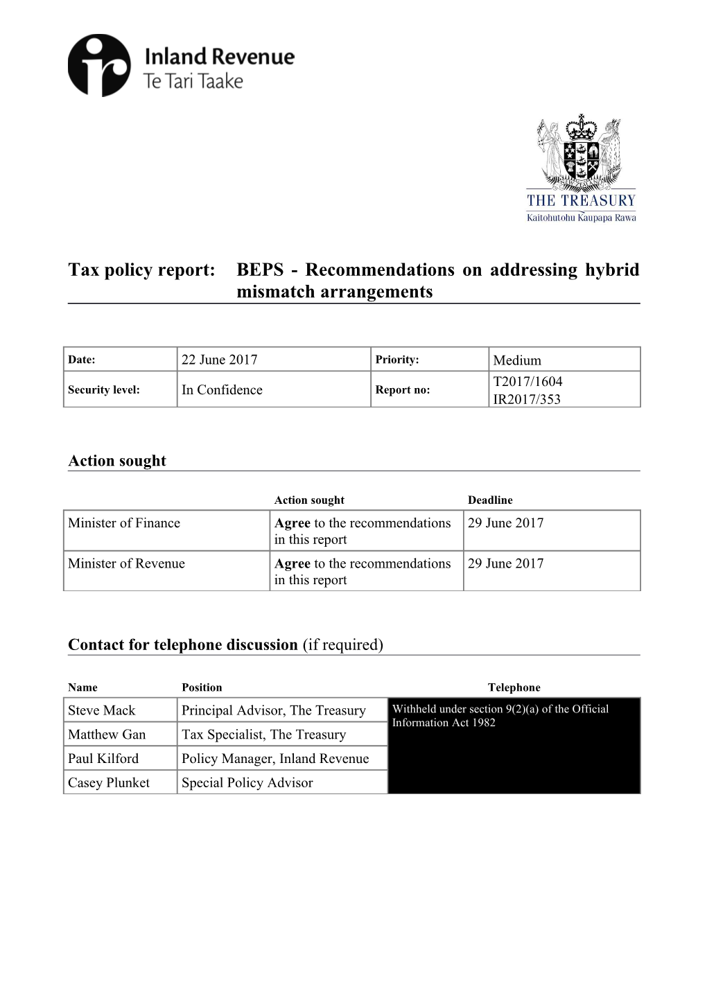 Tax Policy Report: BEPS - Recommendations on Addressing Hybrid Mismatch Arrangements