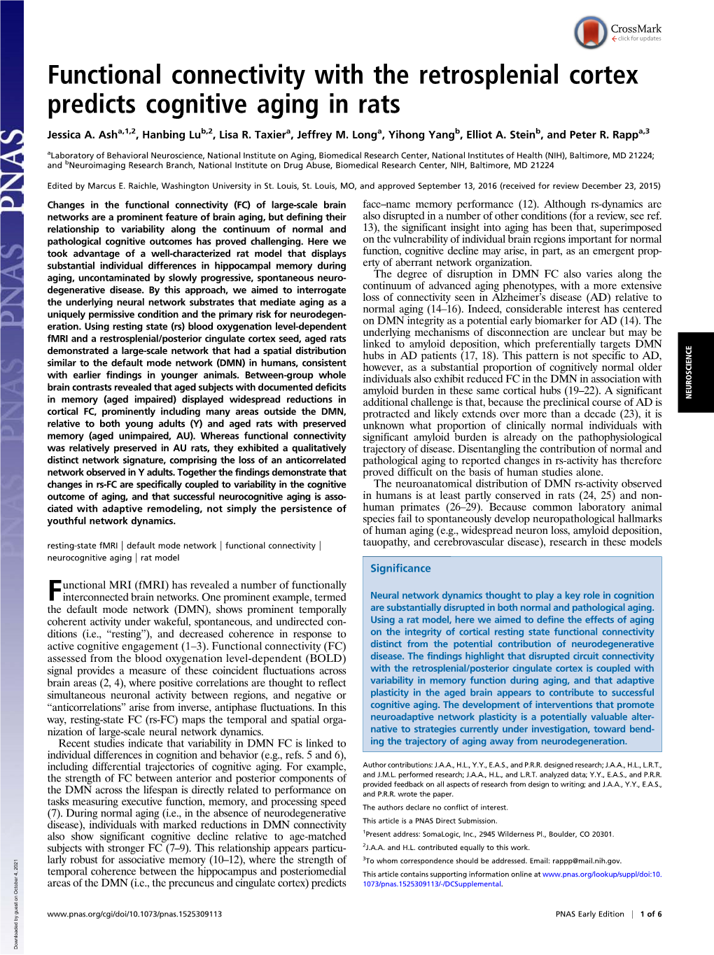 Functional Connectivity with the Retrosplenial Cortex Predicts Cognitive Aging in Rats