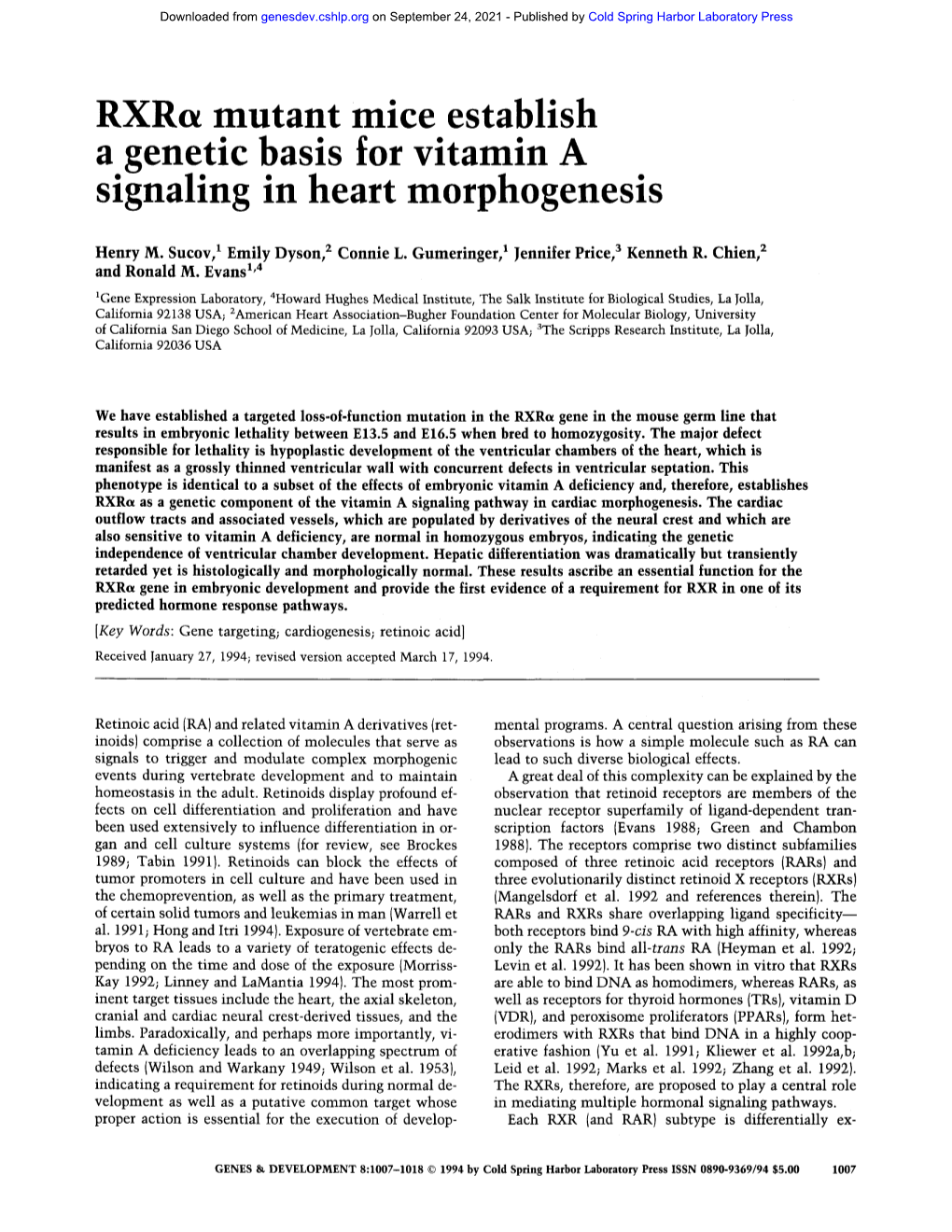 Rxra Mutant Mice Establish a Genetic Basis for Vitamin a Signaling in Heart Morphogenesis