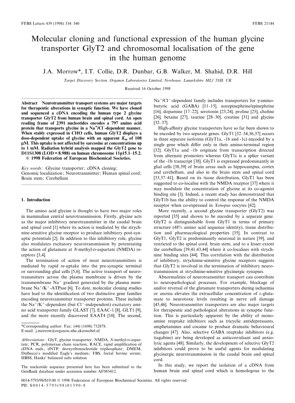 Molecular Cloning and Functional Expression of the Human Glycine Transporter Glyt2 and Chromosomal Localisation of the Gene in the Human Genome