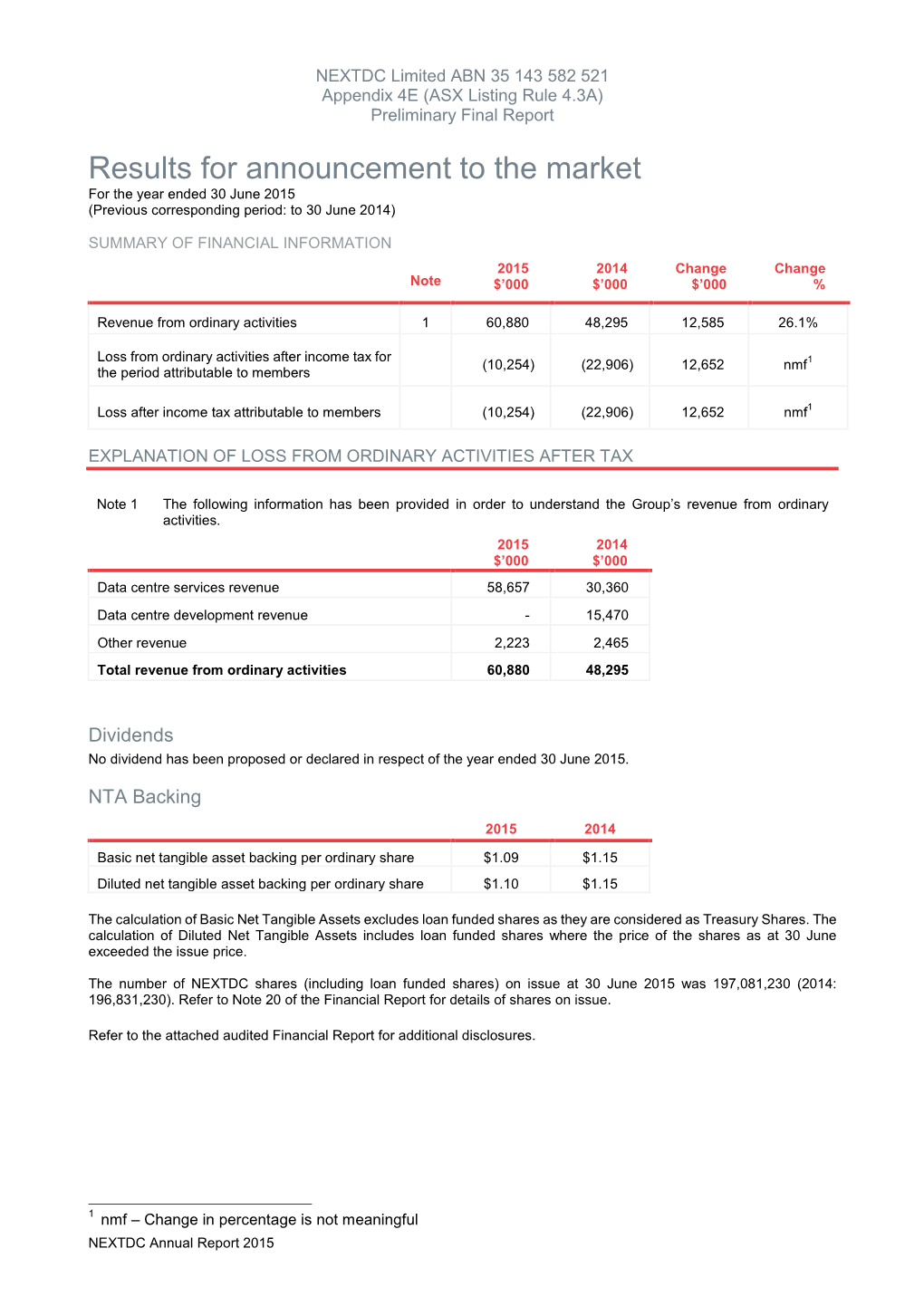 Results for Announcement to the Market for the Year Ended 30 June 2015 (Previous Corresponding Period: to 30 June 2014)