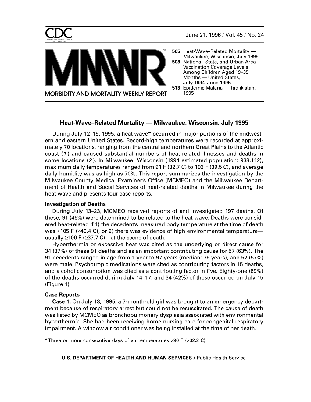 Heat-Wave–Related Mortality — Milwaukee, Wisconsin, July 1995