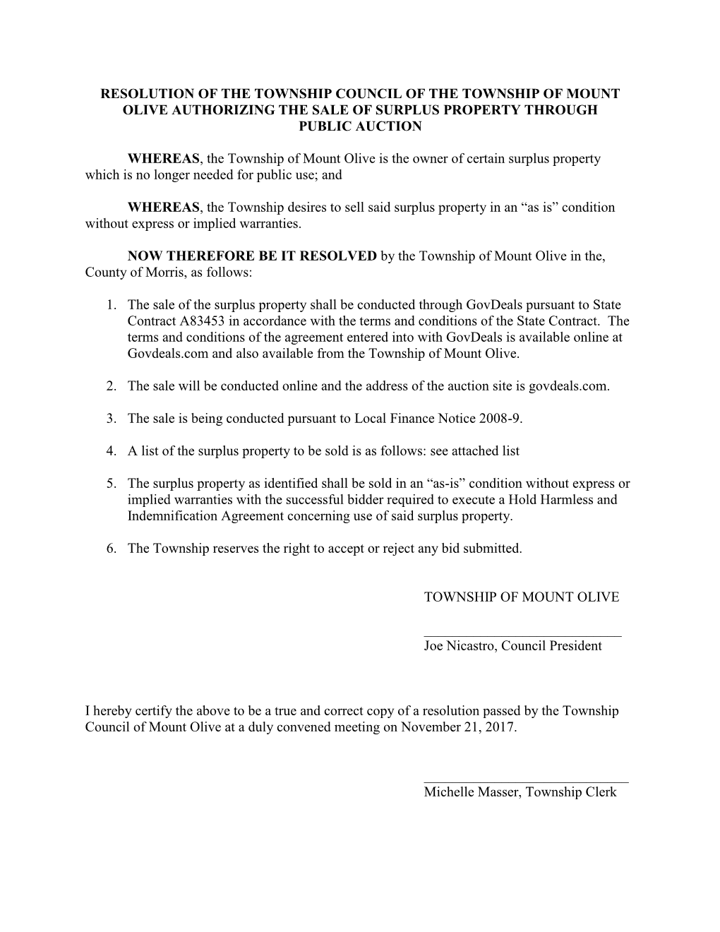 Resolution of the Township Council of the Township of Mount Olive Authorizing the Sale of Surplus Property Through Public Auction