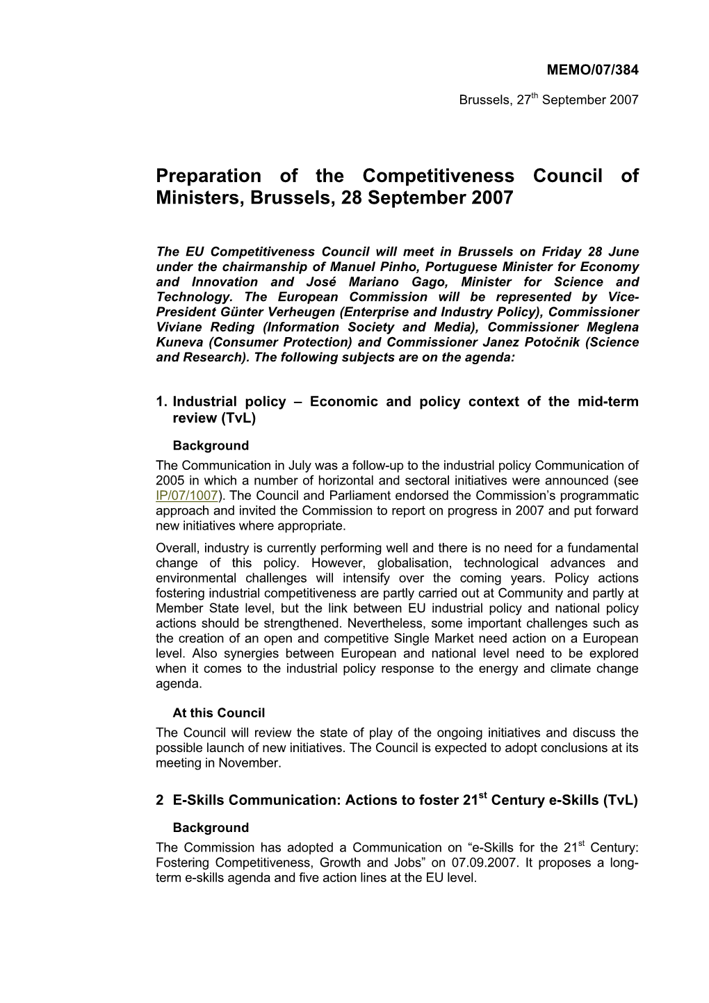 Preparation of the Competitiveness Council of Ministers, Brussels, 28 September 2007