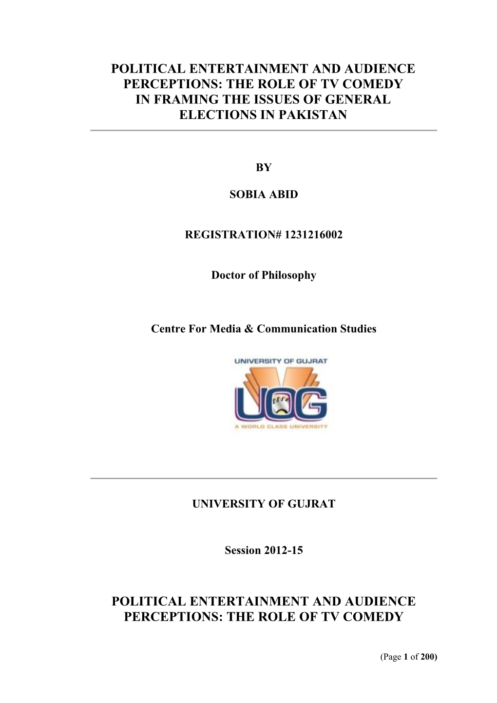 Political Entertainment and Audience Perceptions: the Role of Tv Comedy in Framing the Issues of General Elections in Pakistan