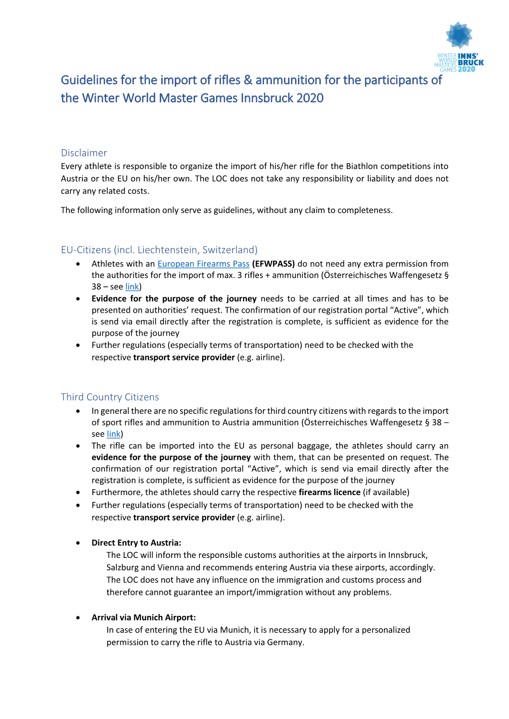 Guidelines for the Import of Rifles & Ammunition for the Participants of the Winter World Master Games Innsbruck 2020