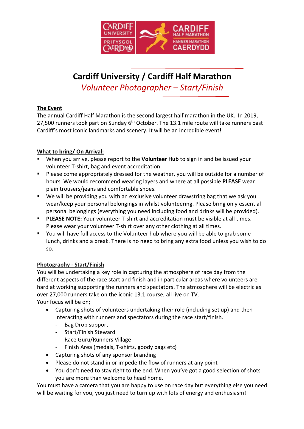 Cardiff University / Cardiff Half Marathon Volunteer Photographer – Start/Finish