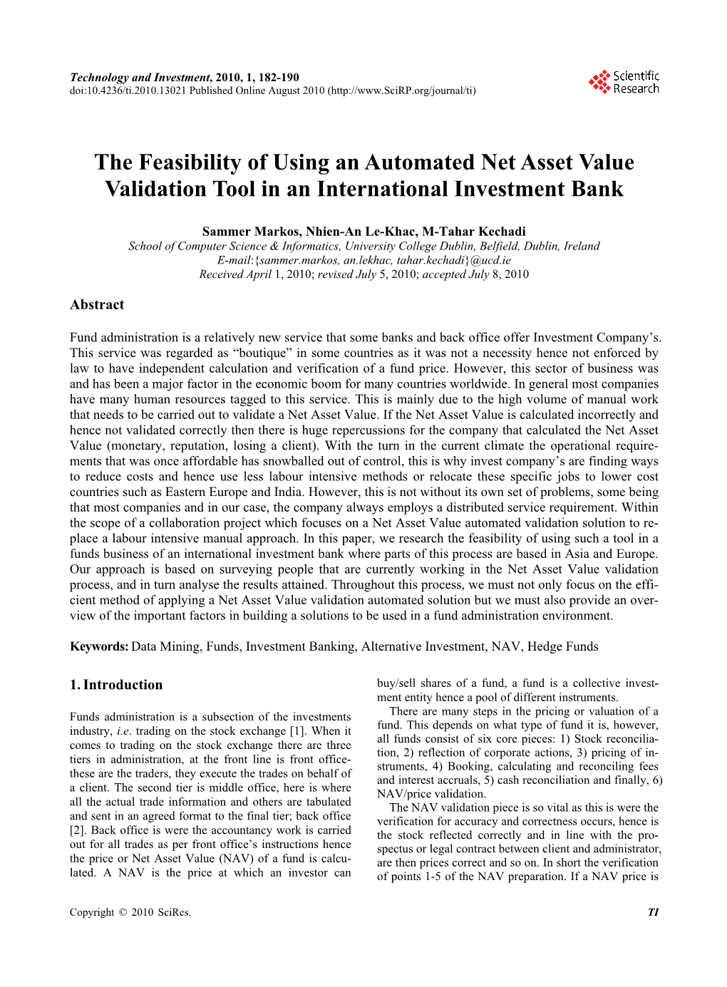 The Feasibility of Using an Automated Net Asset Value Validation Tool in an International Investment Bank