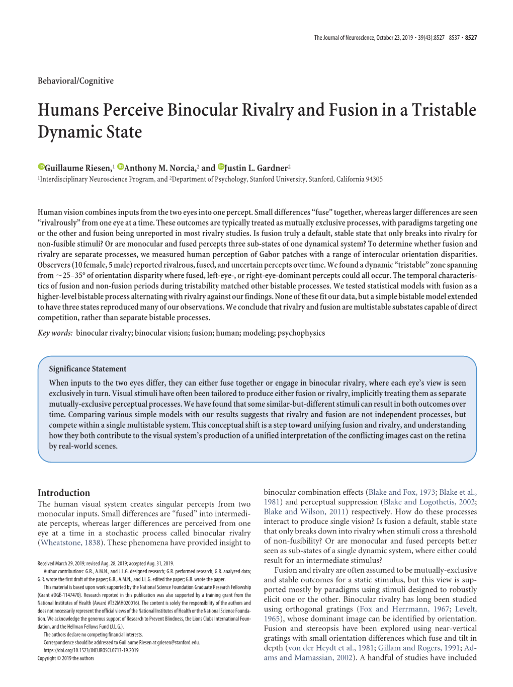 Humans Perceive Binocular Rivalry and Fusion in a Tristable Dynamic State