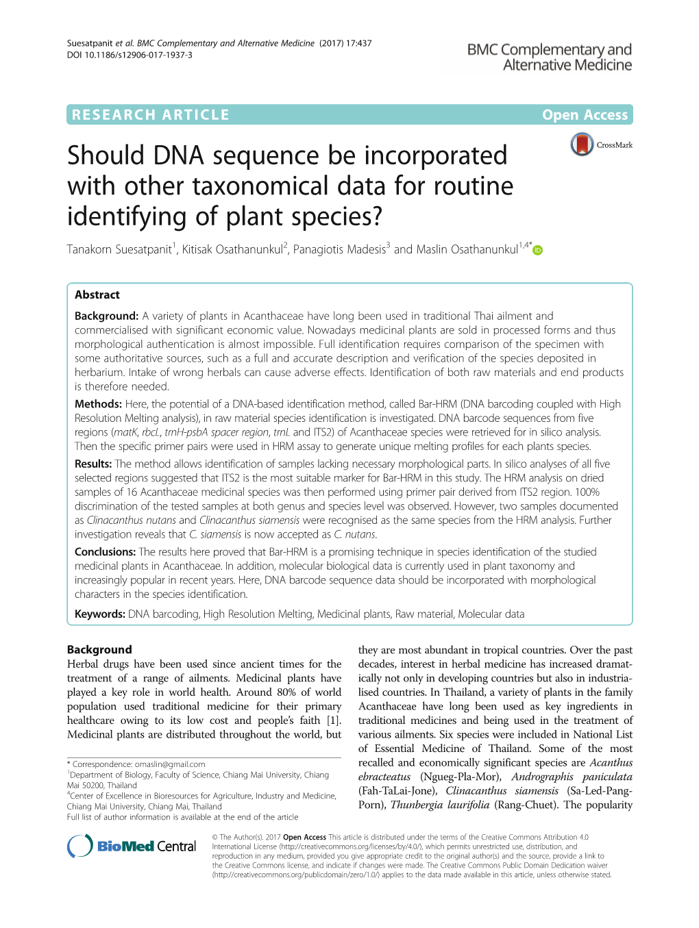 Should DNA Sequence Be Incorporated with Other Taxonomical Data for Routine Identifying of Plant Species?