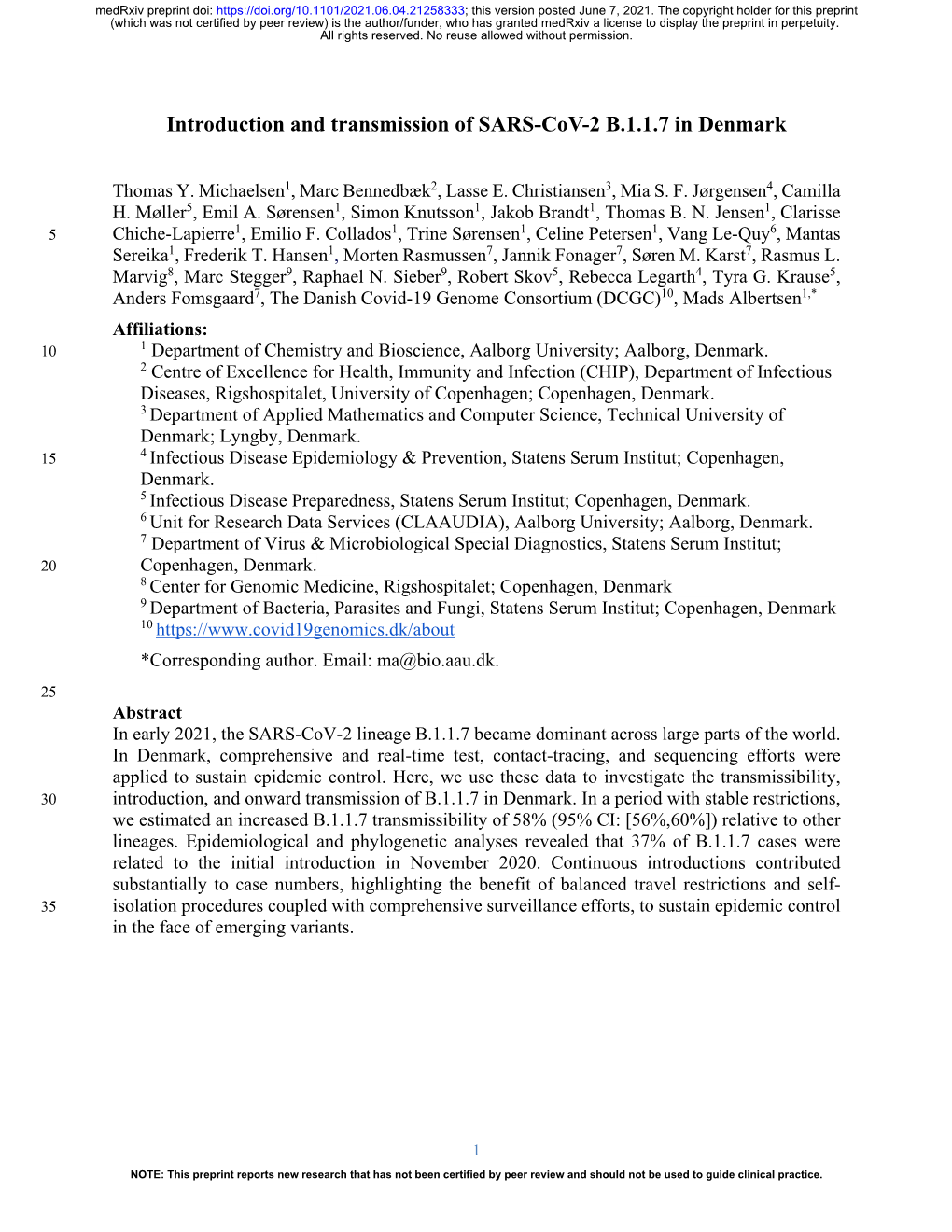 Introduction and Transmission of SARS-Cov-2 B.1.1.7 in Denmark