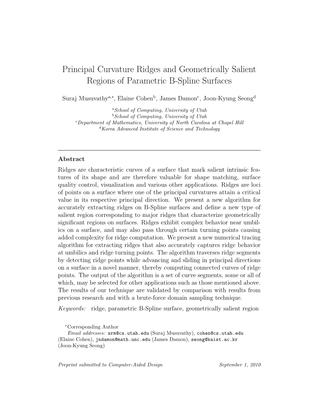 Principal Curvature Ridges and Geometrically Salient Regions of Parametric B-Spline Surfaces