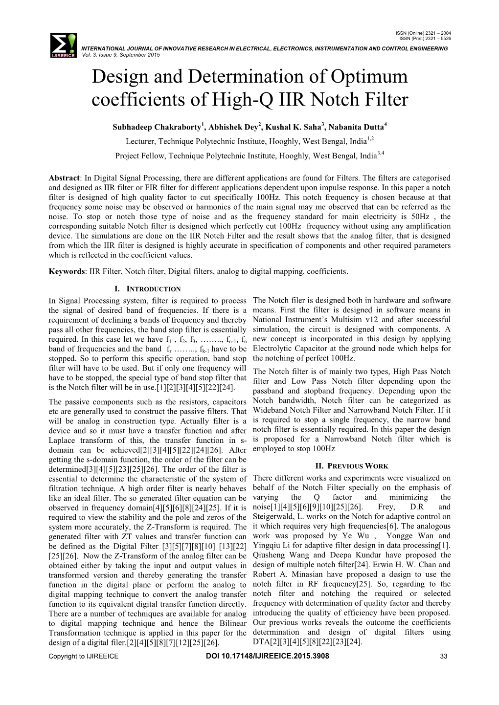 Design and Determination of Optimum Coefficients of High-Q IIR Notch Filter