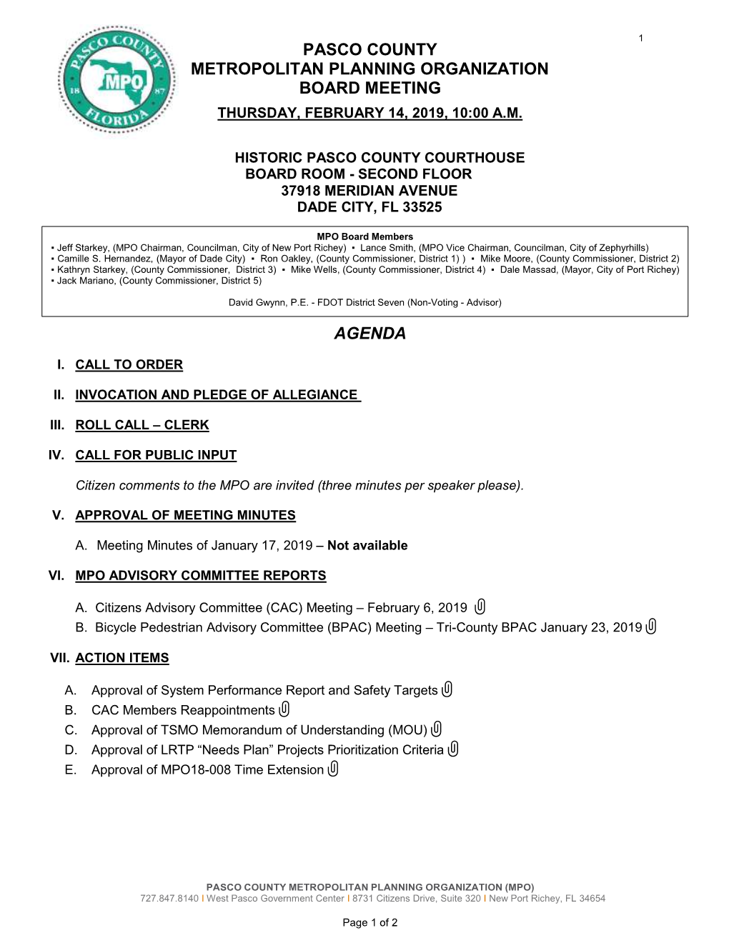 Pasco County Metropolitan Planning Organization Board Meeting Thursday, February 14, 2019, 10:00 A.M