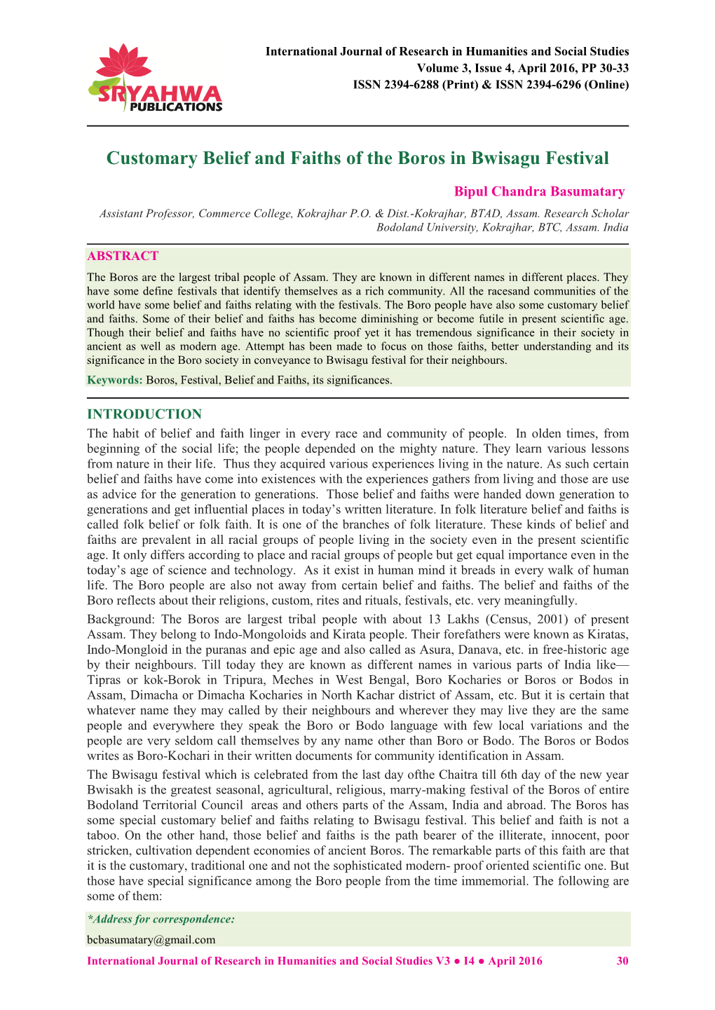 Customary Belief and Faiths of the Boros in Bwisagu Festival