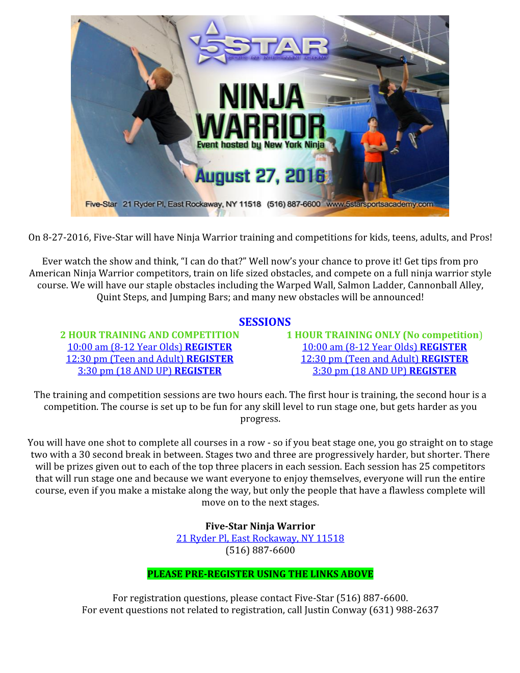 On 8-27-2016, Five-Star Will Have Ninja Warrior Training and Competitions for Kids, Teens, Adults, and Pros!