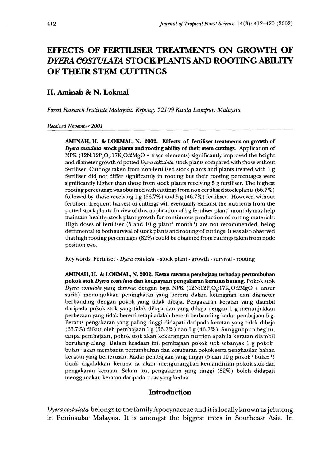 Dyera Costulata Stock Plants and Rooting Ability of Their Stem Cuttings