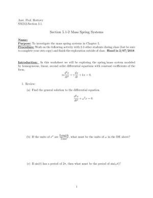 Section 5.1-2 Mass Spring Systems