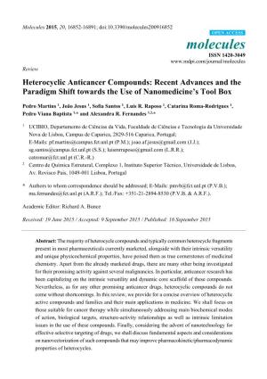 Heterocyclic Anticancer Compounds: Recent Advances and the Paradigm Shift Towards the Use of Nanomedicine’S Tool Box
