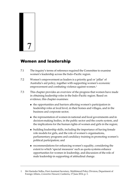 Chapter Provides an Overview of the Progress That Women Have Made in Obtaining Leadership Roles in the Indo–Pacific Region