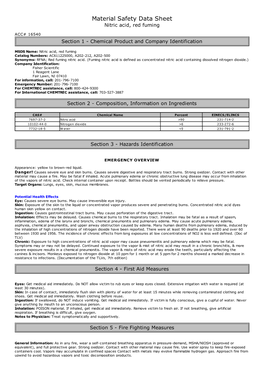 Material Safety Data Sheet Nitric Acid, Red Fuming ACC# 16540 Section 1 - Chemical Product and Company Identification