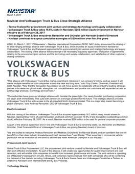 Navistar and Volkswagen Truck & Bus Close Strategic Alliance