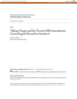 Talking Trump and the Twenty-Fifth Amendment: Correcting the Record on Section 4 Joel K