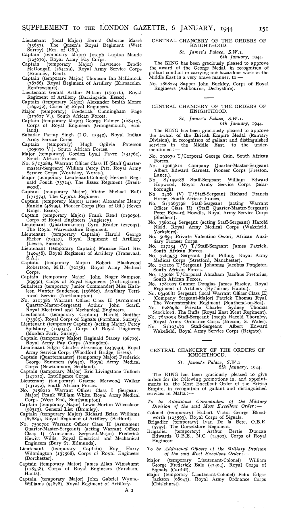Supplement to the London Gazette, 6 January, 1944