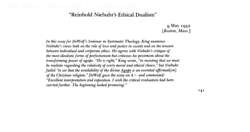 “Reinhold Niebuhr's Ethical Dualism” the Martin Luther King, Jr. Papers