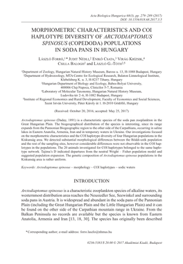 Morphometric Characteristics and Coi Haplotype Diversity of Arctodiaptomus Spinosus (Copedoda) Populations in Soda Pans in Hungary