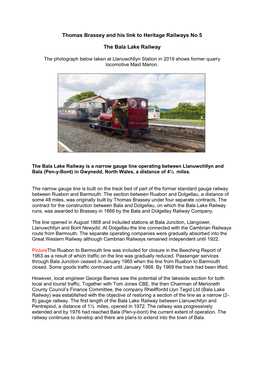 Thomas Brassey and His Link to Heritage Railways No 5 the Bala