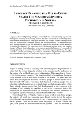 Language Planning in a Multi–Ethnic State: the Majority/Minority Dichotomy in Nigeria Oluwole S