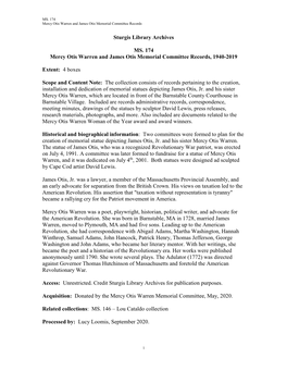 MS. 174: Mercy Otis Warren and James Otis Memorial Committee Records, 1940-2019