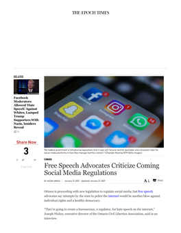 Free Speech Advocates Criticize Coming Social Media Regulations by JASON UNRAU January 21, 2021 Updated: January 21, 2021    Print