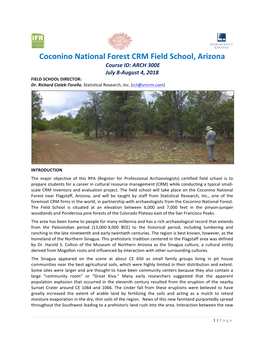 Coconino National Forest CRM Field School, Arizona Course ID: ARCH 300E July 8-August 4, 2018 FIELD SCHOOL DIRECTOR: Dr