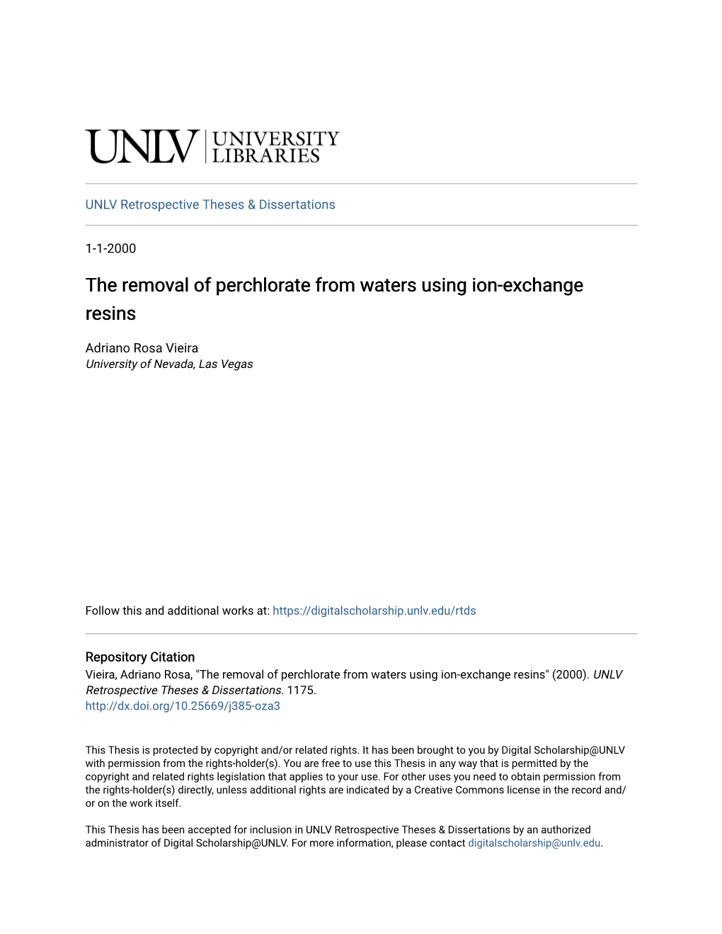 The Removal of Perchlorate from Waters Using Ion-Exchange Resins