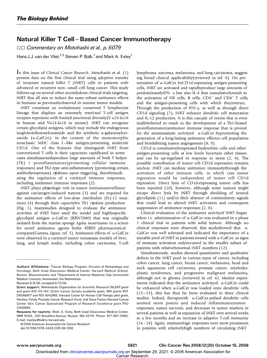 Natural Killer T Cell ^ Based Cancer Immunotherapy 55 Commentaryonmotohashietal.,P.6079 Hansj.J