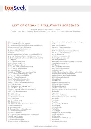 List of Organic Pollutants Screened