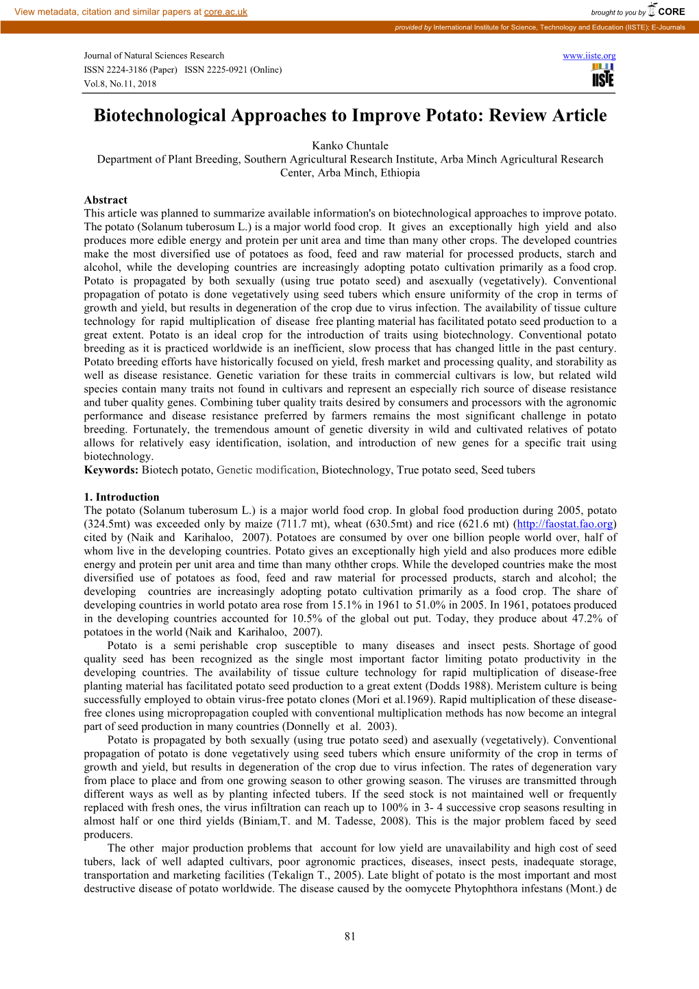 Biotechnological Approaches to Improve Potato: Review Article