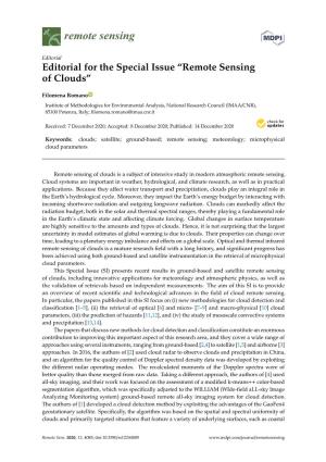 Editorial for the Special Issue “Remote Sensing of Clouds”