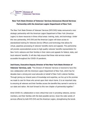 New York State Division of Veterans' Services Announces Shared Services Partnership with the American Legion Department of New York