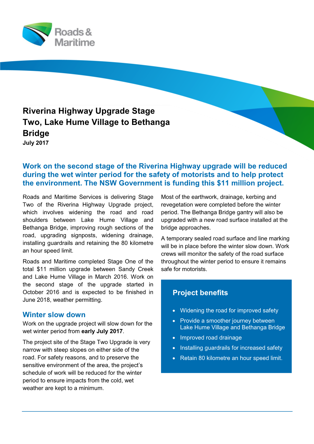 Riverina Highway Upgrade Stage Two, Lake Hume Village to Bethanga Bridge July 2017